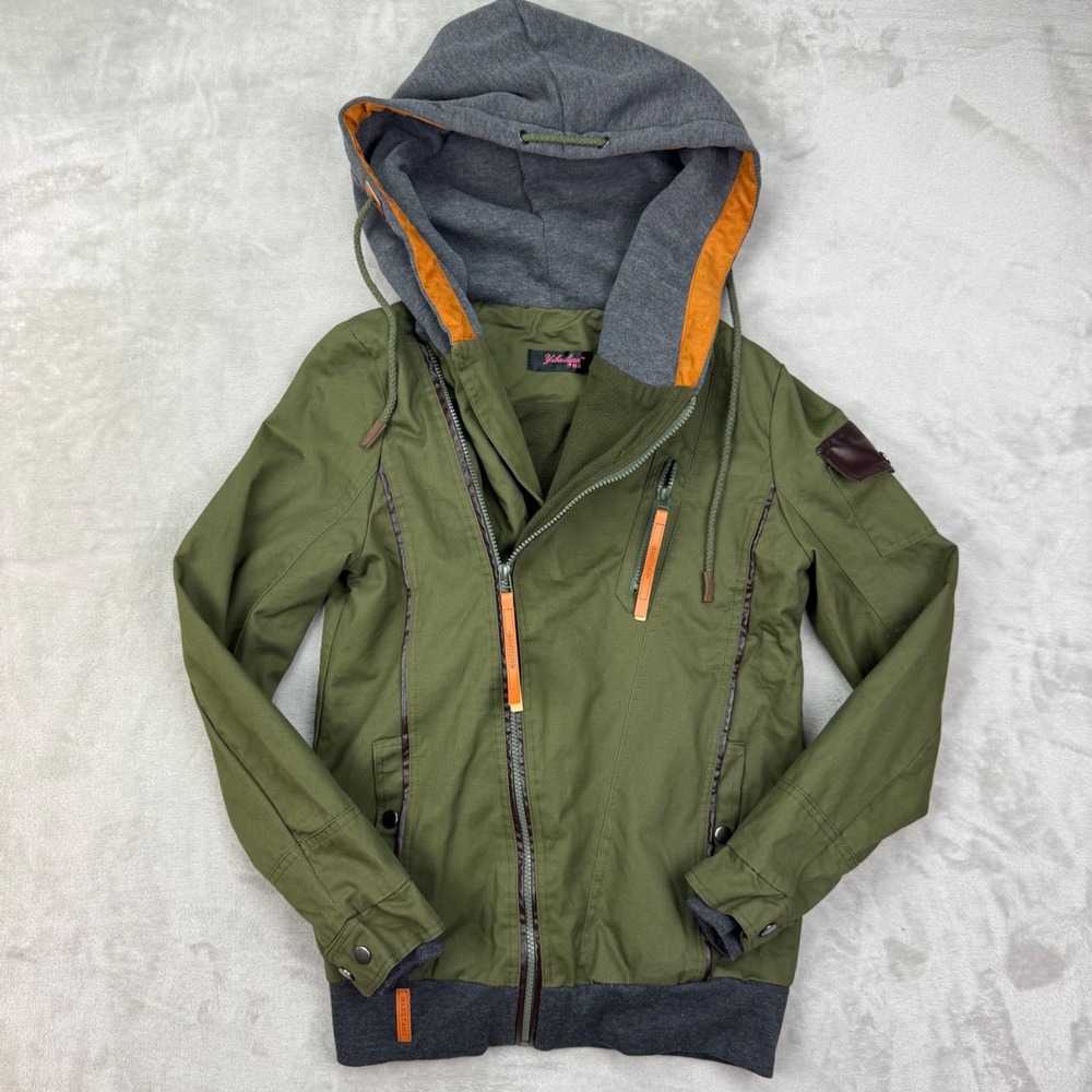 Yibailian Naketano Womens S Hooded Utility Jacket Olive Green Military Full Zip
